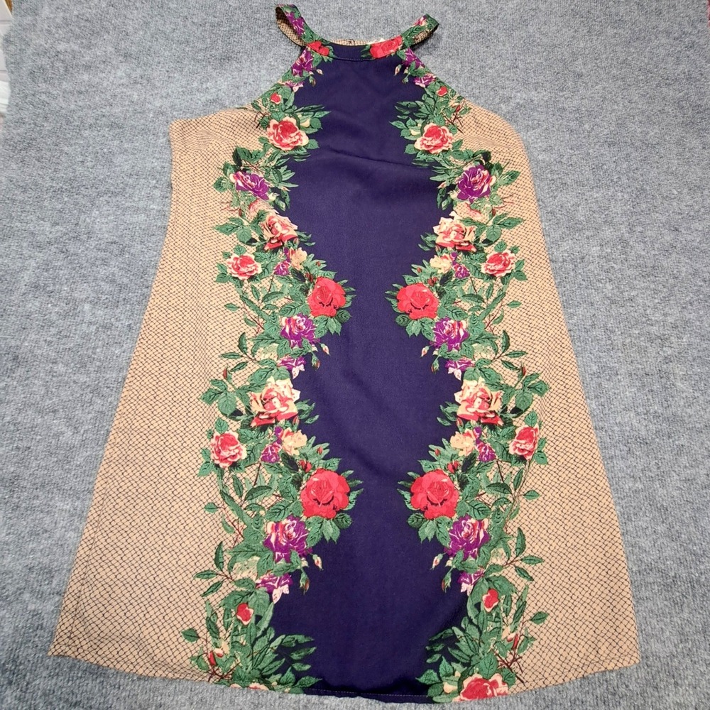 One Clothing Purple Floral Halter Mini Dress Rose Print Medium LC5324-DW97